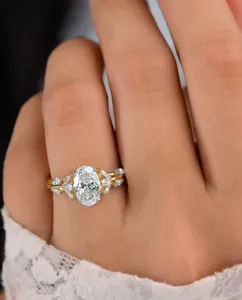 Authentic Oval Cut Moissanite Engagement Ring Nature inspired Gold Plated Anniversary