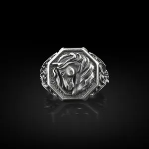 Authentic 925 Sterling Silver Horse Animal Nature Mens Signet Ring