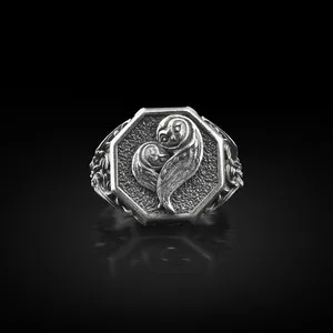 Authentic Owl Family Engraved Animal Signet Ring in Oxidized Silver, Minimalist Nature