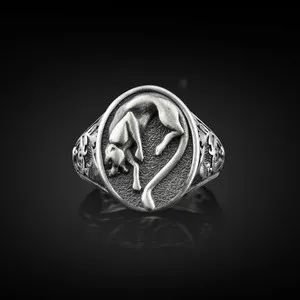 Authentic 925 Sterling Silver Panther Animal Cats Nature Mens Signet Ring