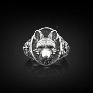Authentic 925 Sterling Silver Fox Floral Pattern Nature Mens Signet Ring