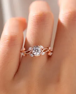 Authentic Brilliant Round Cut Bezel Set Engagement Ring Nature Inspire Gold Plated Band