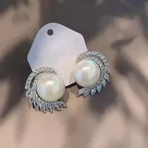 Authentic 2Ct Round Cut Nature Pearl Cluster Women's Stud Earrings 14K White Gold Plated
