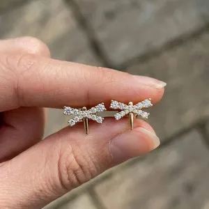Authentic Nature Inspired Dragonfly Moissanite Gold Plated Stud Round Cut Minimal Jewelry