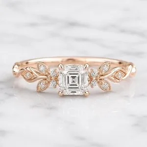 Authentic Nature Inspired Asscher Cut Engagement Ring 925 Rose Gold Plated Fine Jewelry