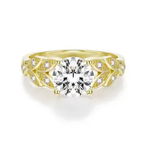 Authentic Round Moissanite Leaf Ring – 14K Yellow Gold Plated Nature Inspired Engagement