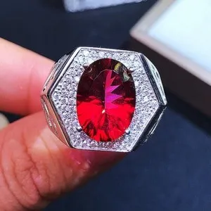 Authentic 14K White Gold Plated Silver 8Ct Oval Cut Nature Red Topaz Men's Engagement Ring