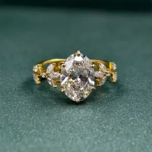 Authentic 2.70 CTW Oval Cut VVS1 Moissanite Nature Inspired Ring 14K Yellow Gold Plated