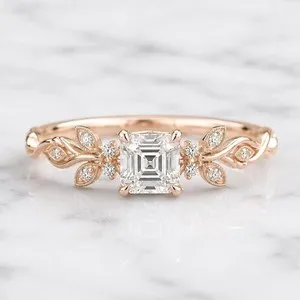 Authentic Asscher Cut Nature Inspire Engagement Ring Rose Gold Plated Delicate Ring Her