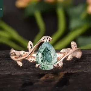 Authentic Pear Lab Moss Agate Gemstone 14k Rose Gold Plated 2 Ct Nature Inspired Ring