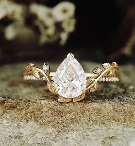 Authentic 2.5 CTW Pear Cut VVS1 Moissanite Nature Inspired Ring 14K Yellow Gold Plated