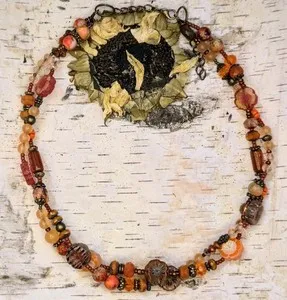 Authentic Nature's Orange Flowers Wrapped Like A Wreath Necklace In Gold Plated Or