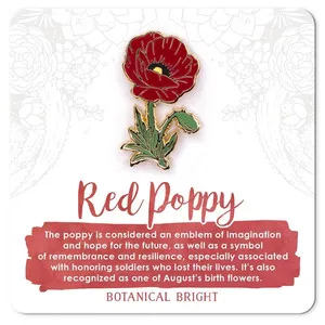 Authentic Red Poppy Enamel Pin - August Birth Flower - Gold Plated Brooch - Nature Jewelry