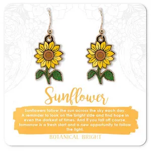Authentic Sunflower Enamel Dangle Earrings - Gold Plated Floral Nature Jewelry
