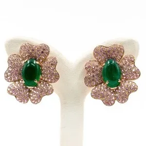 Authentic 17.77ct Natural Green Agate and Sapphire Earring 925 Sliver in Rose Gold Plated