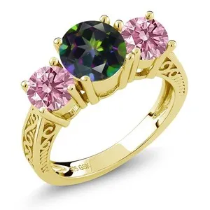 Authentic 18K Yellow Gold Plated Silver Green Mystic Topaz and Pink Lab Grown Diamond