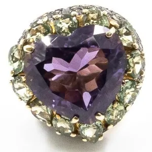 Authentic 19.91ct Natural Amethyst and Green Sapphire Heart Ring 925 Sliver in Gold Plated
