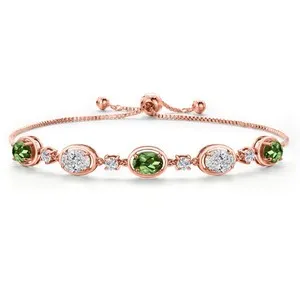 Authentic 18K Rose Gold Plated Silver Green Tourmaline and and Lab Grown Diamond Bracelet
