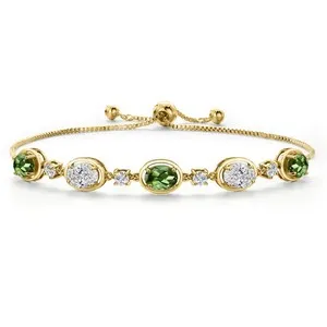 Authentic 18K Yellow Gold Plated Silver Green Tourmaline and and Lab Grown Diamond