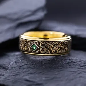 Authentic 8mm Yellow Gold Plated Tungsten Ring with Green Emerald and Victorian Engravings