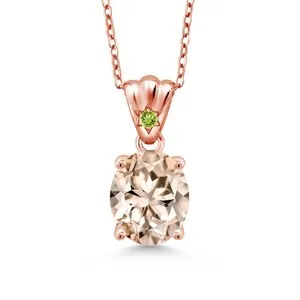 Authentic 3.25 Ct Oval Peach Morganite Green Peridot 18K Rose Gold Plated Silver Pendant