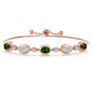Authentic 18K Rose Gold Plated Silver Green Chrome Diopside and White Lab Grown Diamond