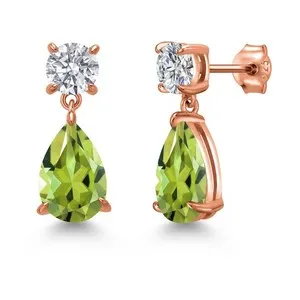 Authentic 7.44 Ct Green Peridot G/H Lab Grown Diamond 18K Rose Gold Plated Silver Earrings