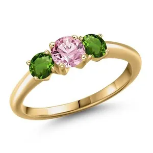 Authentic 18K Yellow Gold Plated Silver Pink Lab Grown Diamond and Green Tourmaline