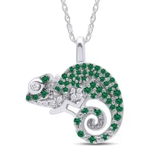 Authentic Chameleon Pendant Necklace Green & White Diamond 14K White Gold Plated 1/3 Ct