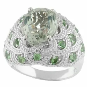 Authentic Solitaire with Accents Ring 10K White Gold Plated Green Quartz & Tsavorite