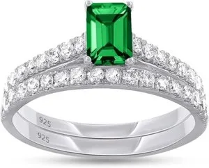 Authentic 1ct Green Emerald & White Lab Grown Diamond Engagement Wedding Ring Set Sterling