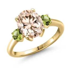 Authentic 2.60 Ct Oval Peach Morganite Green Peridot 18K Yellow Gold Plated Silver Ring