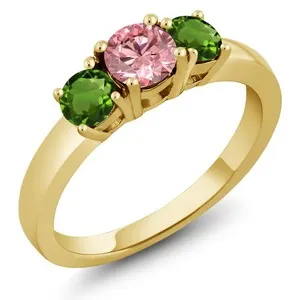 Authentic 18K Yellow Gold Plated Silver Pink Lab Grown Diamond and Green Tourmaline