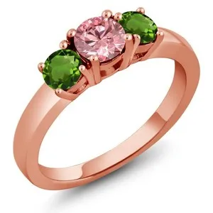 Authentic 18K Rose Gold Plated Silver Pink Lab Grown Diamond and Green Tourmaline
