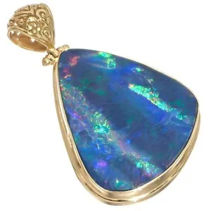 Authentic 925 Silver Huge Blue Green Australian Opal Vermeil Gold Plated Pendant, 1 7/8"