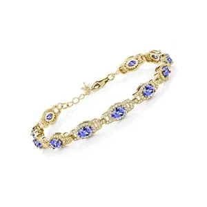 Authentic 18K Yellow Gold Plated Silver Oval Gemstone Birthstone Tennis Bracelet For