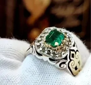 Authentic Natural Gold Plated Green Emerald Stone Ring Sterling Silver 925