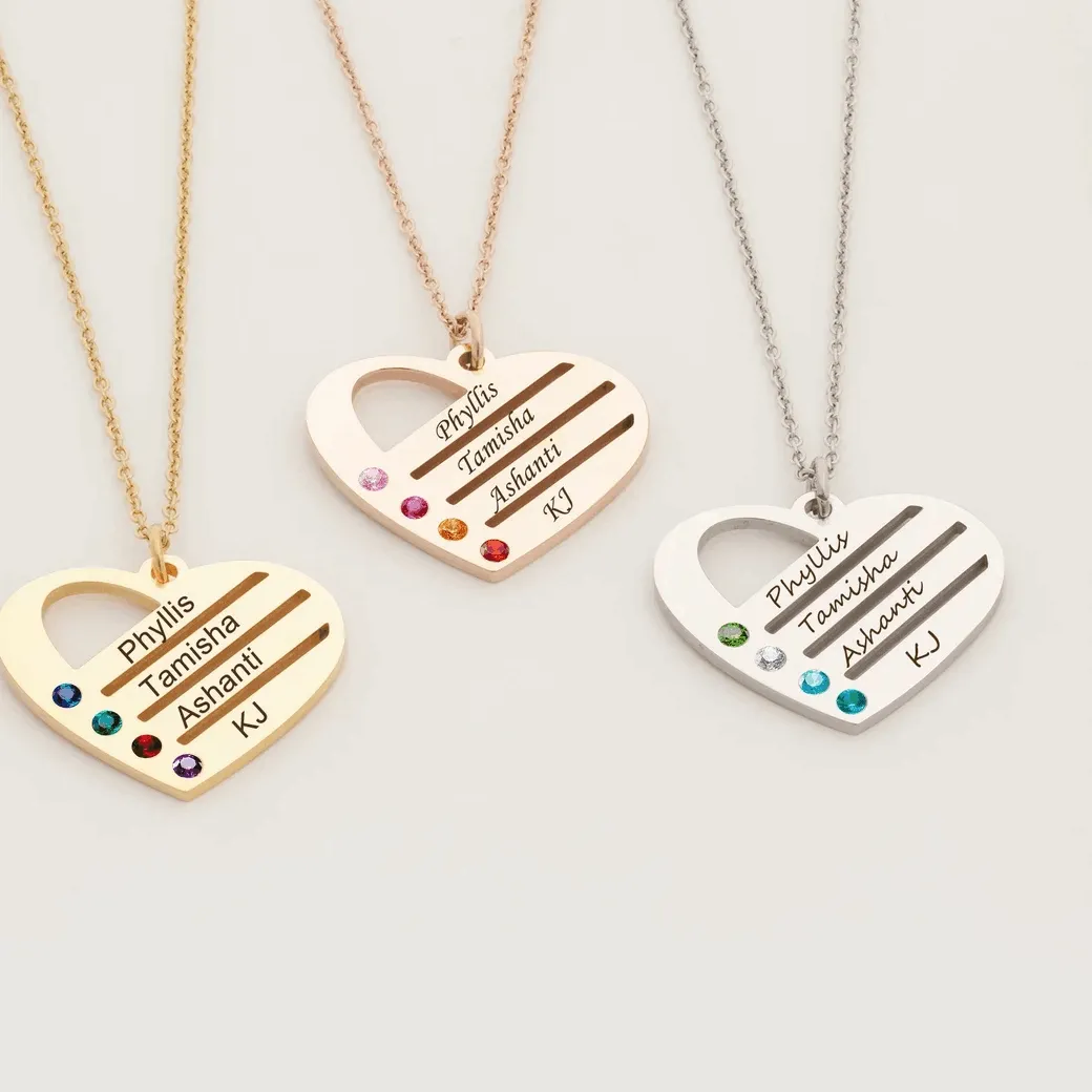 Authentic Custom Personalized 4 Birthstones Heart Pendant Necklace Engrave Family Names for Mothers Day Jewelry