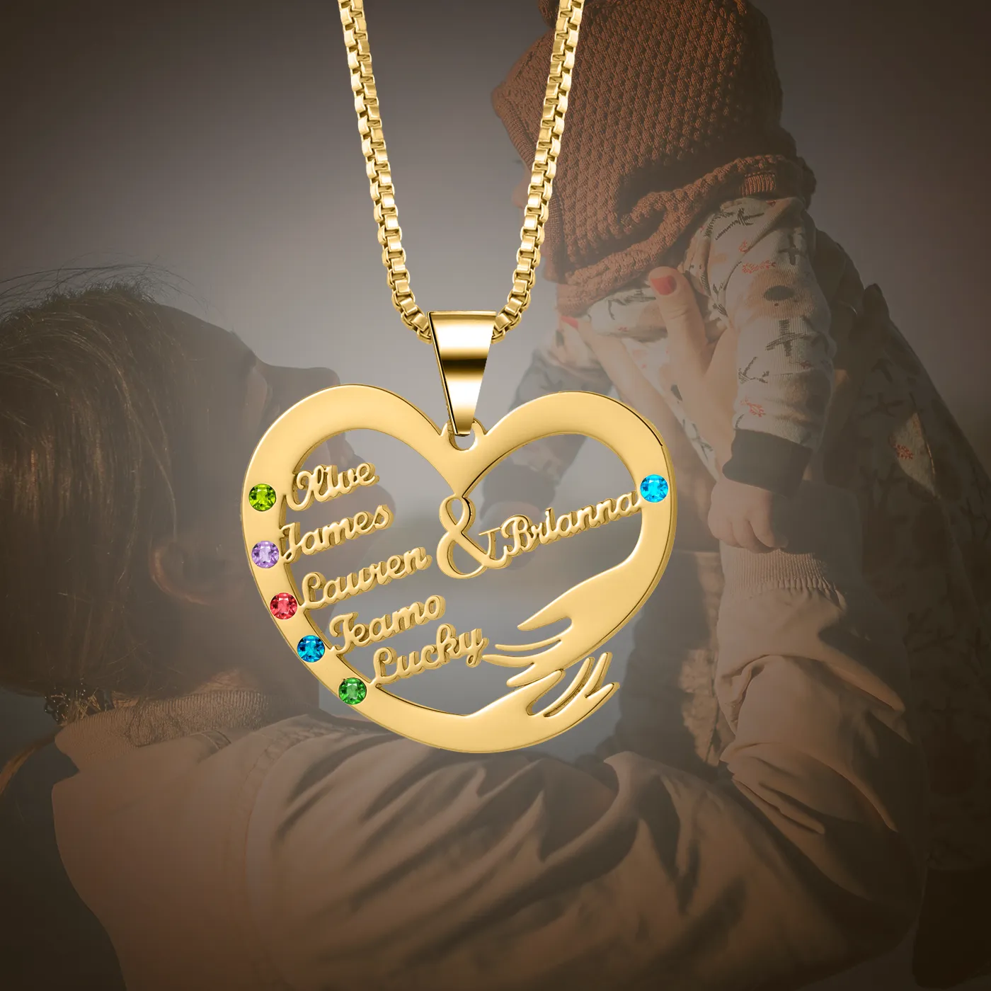 Authentic Qitian Custom Name Necklace With Birthstones Family Jewelry Personalized Heart Mother And Child Pendant Mother's Day Chain