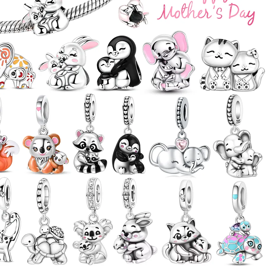 Authentic S925 Animals Mother Daughter Dangle Charm Beads Fit Original Bracelet for Women Diy Bead for Jewelry Making Mother's Day Gifts