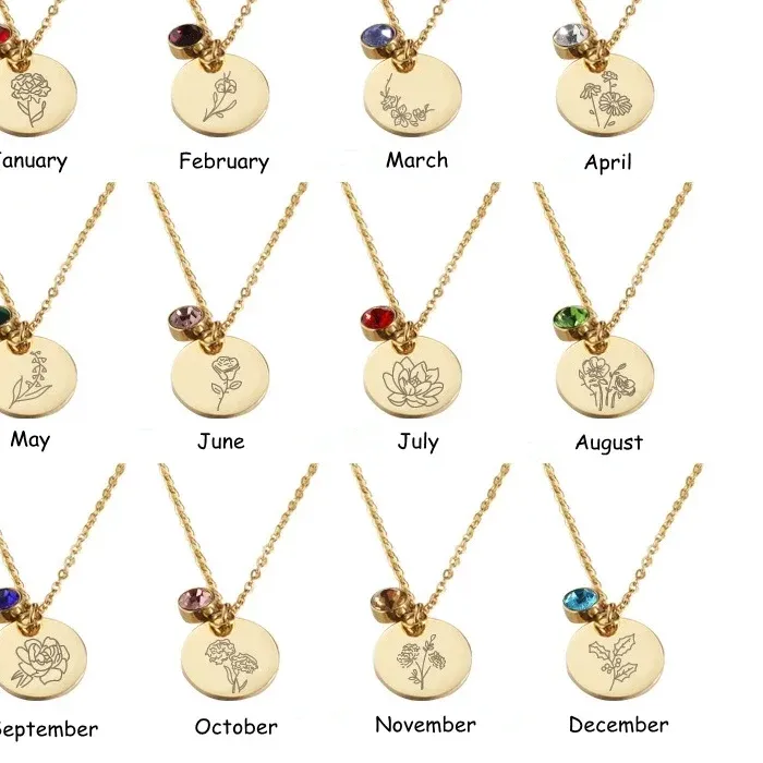 Authentic Birth Month Flowers Clipart Floral Discs Pendant Necklace birthstone Personalized Birthday for Her for Mom