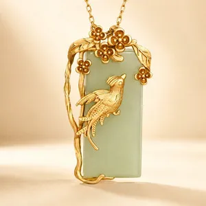 Authentic Phoenix Bird Jade Pendant Necklace 18K Gold Plated Chain for Women
