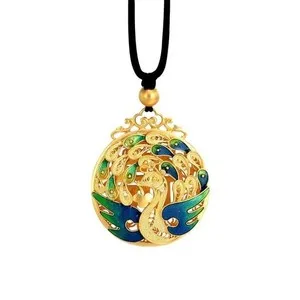 Authentic Gold Plated Phoenix Pendant Cloisonne Enamel Necklace Peacock Charm