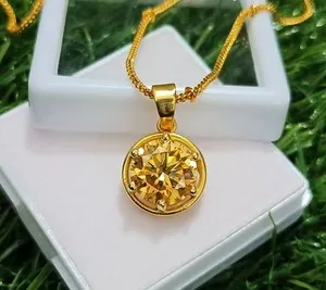Authentic Lab Grown 5 Ct Yellow Diamond Round Cut Pendant with Gold Plated Chain