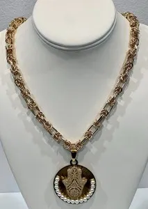 Authentic Gold Plated Small Pearls Hamsa Necklace With Gold Plated Chain. Handmade In USA