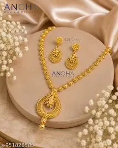 Authentic South Indian Traditional Gold Plated Bridal Necklace Set with Earrings for Women