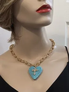 Authentic Blue heart cross necklaces with gold plated chain Links, Handmade in the US