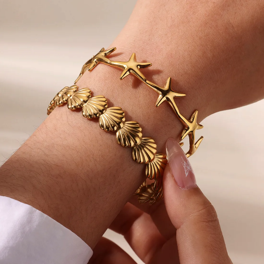 Authentic 316L Shell Starfish Bangles for Women Gold Silver Color Cuff Bangle Bracelet Femme Aesthetic Jewelry