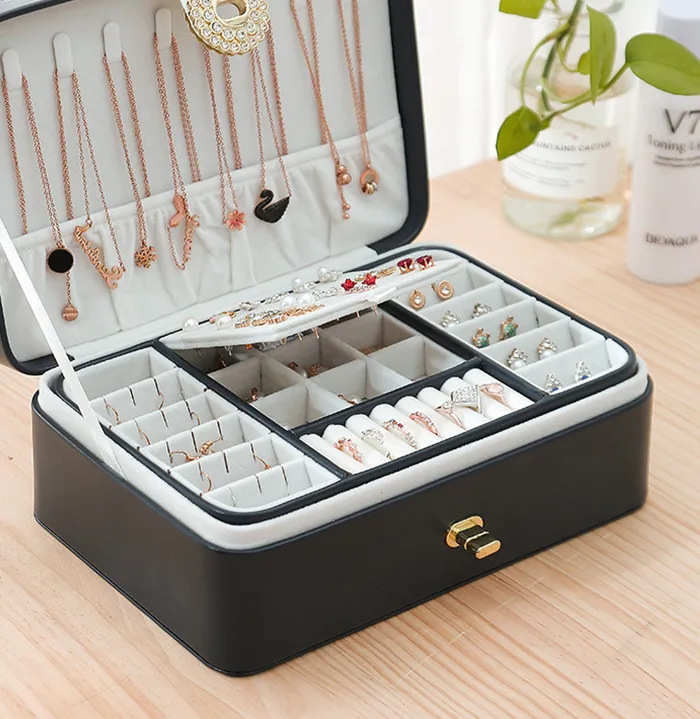 Authentic Double-Layer Jewelry Collection Box High Capacity Leather Container Storage Box Large Space Jewelry Holder Cosmetic Box