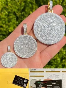 Authentic Real MOISSANITE Gold Plated Out Iced Round HipHop Pendant Necklace Passes Tester